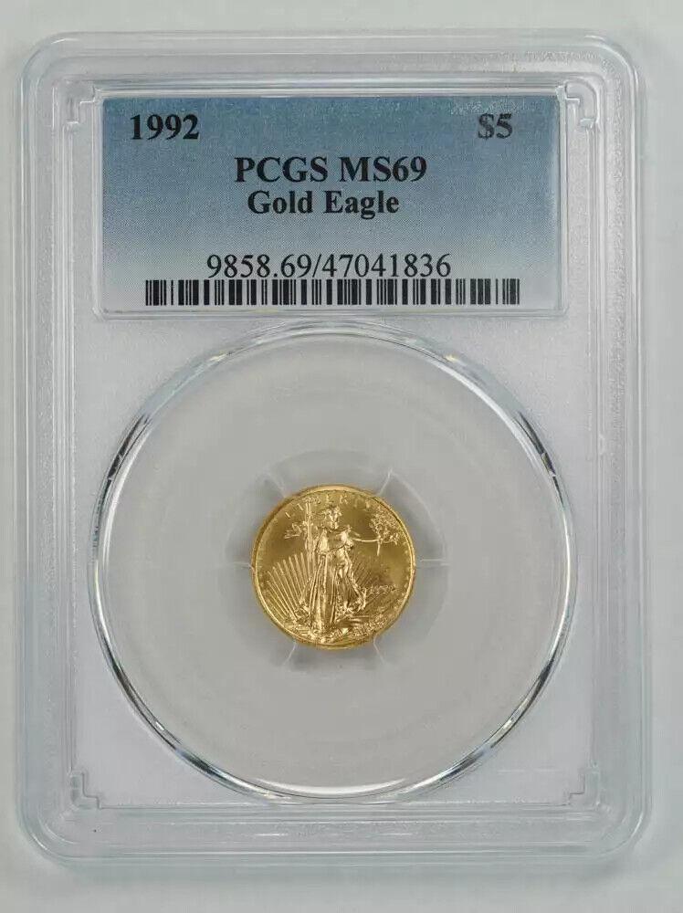 1992 AMERICAN GOLD EAGLE $5 PCGS MS 69 MINT STATE UNC 1/10 OZ 999 FINE GOLD (836: 1992 AMERICAN GOLD EAGLE $5 PCGS MS 69 MINT STATE UNC 1/10 OZ 999 FINE GOLD (836 Certification: PCGS Composition: Gold Grade: MS 69 Year: 1992 Circulated/Uncirculated: Uncirculated Mint Location: PHIL