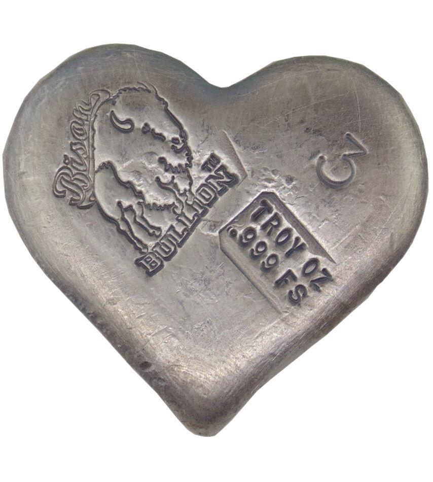 3 TROY OUNCE .999 FINE SILVER HAND POURED BISON BULLION FANCY BAR HEART: 3 TROY OUNCE .999 FINE SILVER HAND POURED BISON BULLION FANCY BAR HEART Pre-Owned The MYNT Guarantee: All items in this auction are guaranteed to be 100% authentic. At Your Service: At MYNT, our Custo