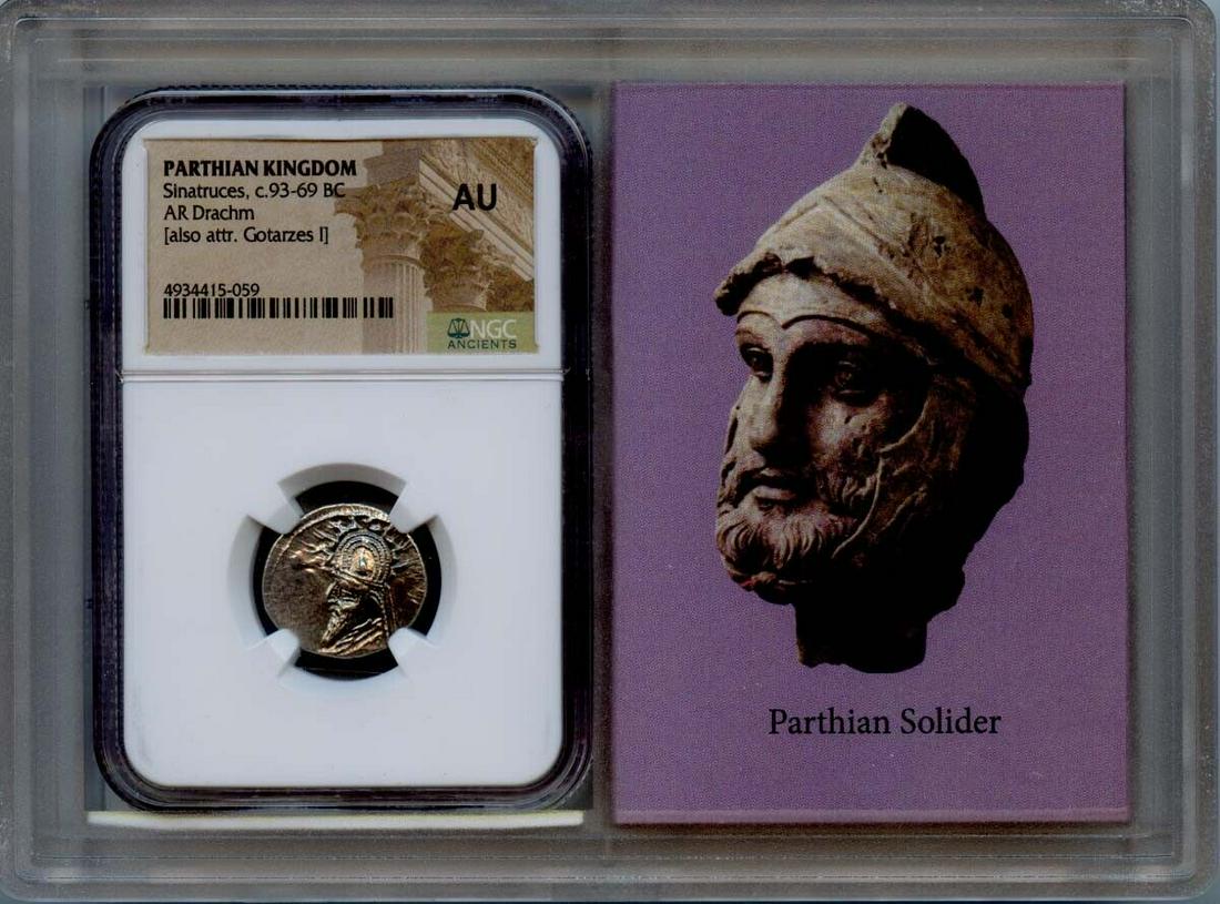 Sinatruces c.93-69 BC PARTHIAN AR Drachm NGC AU50 Story Vault: Sinatruces c.93-69 BC PARTHIAN AR Drachm NGC AU50 Story Vault Certification: NGC Grade: AU50 Certification Number: 4934415059 Date: NONE Pre-Owned The MYNT Guarantee: All items in this auction are gua