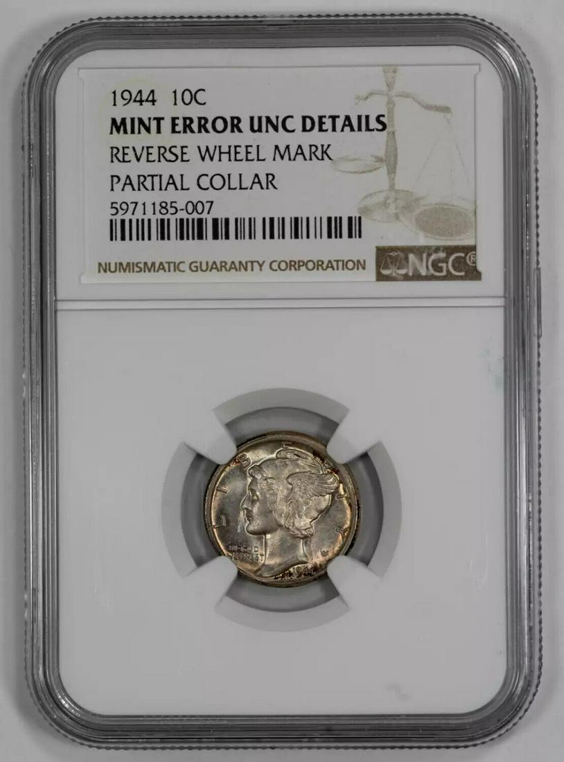 1944 MERCURY DIME 10C SILVER NGC UNC DETAILS - MINT ERROR REV WHEEL MARK (007): 1944 MERCURY DIME 10C SILVER NGC UNC DETAILS - MINT ERROR REV WHEEL MARK (007) Certification: NGC Composition: Silver Grade: UNC Details Year: 1944 Circulated/Uncirculated: Unknown Strike Type: MS Min