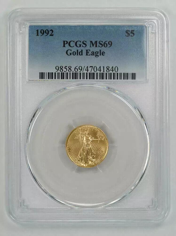 1992 AMERICAN GOLD EAGLE $5 PCGS MS 69 MINT STATE UNC 1/10 OZ 999 FINE GOLD (840: 1992 AMERICAN GOLD EAGLE $5 PCGS MS 69 MINT STATE UNC 1/10 OZ 999 FINE GOLD (840 Certification: PCGS Composition: Gold Grade: MS 69 Year: 1992 Circulated/Uncirculated: Uncirculated Mint Location: PHIL