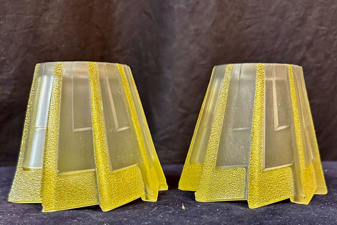 Pair of Art Deco Period Lamp Shades: Pair of Art Deco Period Lamp Shades Type: Lamp Shade Number In Pack: 2 Color: clear yellow Style: Art Deco Material: Brass Glass Shade Shape: Pyramidal Vintage: Yes This antique pair of Art Deco lamp 