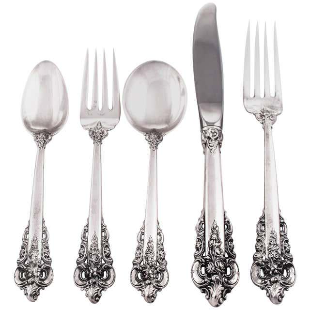 Grande Baroque Flatware for 36: Grande Baroque Flatware for 36 Creator: Wallace Silversmiths (Manufacturer) Dimensions: Height: 9 in (22.86 cm)Diameter: 1.5 in (3.81 cm) Sold As: Set of 180 Materials and Techniques: Sterling Silver