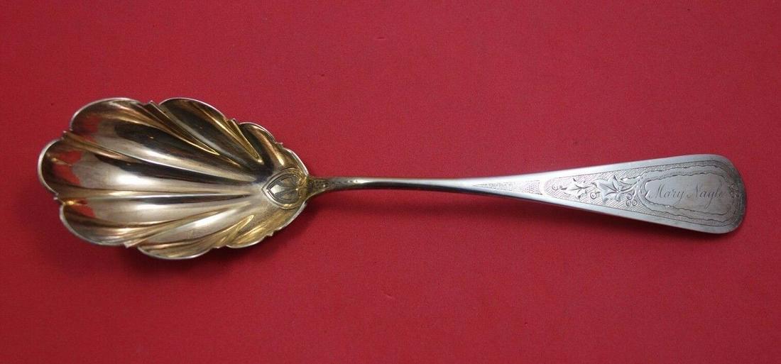 George Sharp Sterling Silver Berry Spoon GW Shell BC w/ "Mary Nagle" Mono 8 3/4": George Sharp Sterling Silver Berry Spoon GW Shell BC w/ " Mary Nagle" Mono 8 3/4" George sharpgeorge sharp sterling silver berry spoon shell, gold washed, bright-cut, 8 3/4" . It is monogrammed " mary