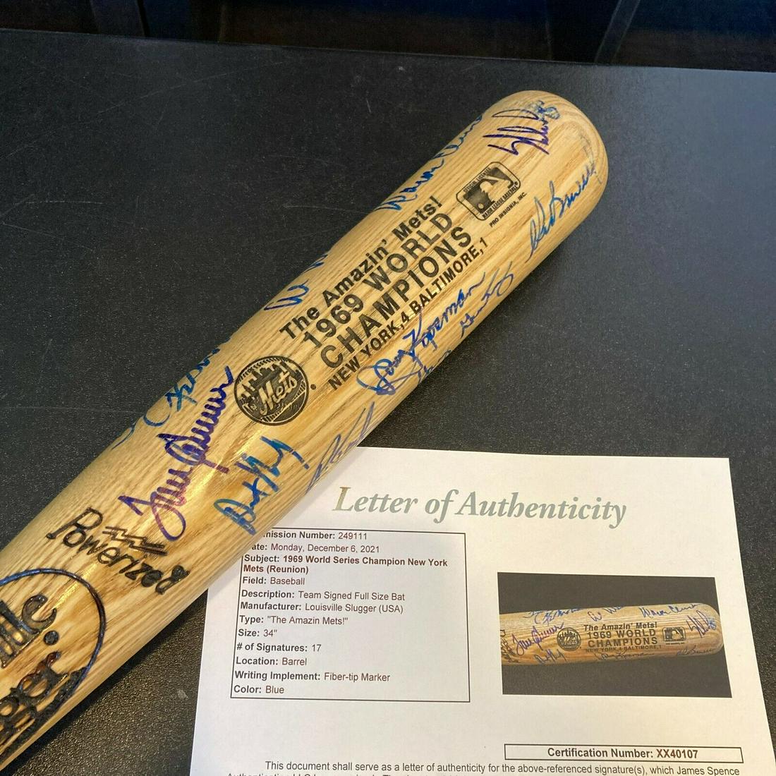 1969 New York Mets World Series Champs Team Signed Bat Nolan Ryan Tom Seaver JSA: 1969 New York Mets World Series Champs Team Signed Bat Nolan Ryan Tom Seaver JSA Product: Bat Sport: Baseball-MLB Autograph Authentication: James Spence Authentication (JSA) Team: New York Mets Player