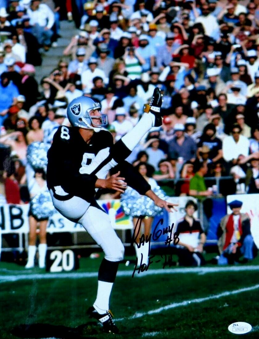 Ray Guy Signed Autographed 11X14 Photo Kick Leg in Air "HOF 14": Ray Guy Signed Autographed 11X14 Photo Kick Leg in Air "HOF 14" Sport: Football Product: Photo Original/Reprint: Original Player: Ray Guy Team: Oakland Raiders Autograph Authentication: James Spence (
