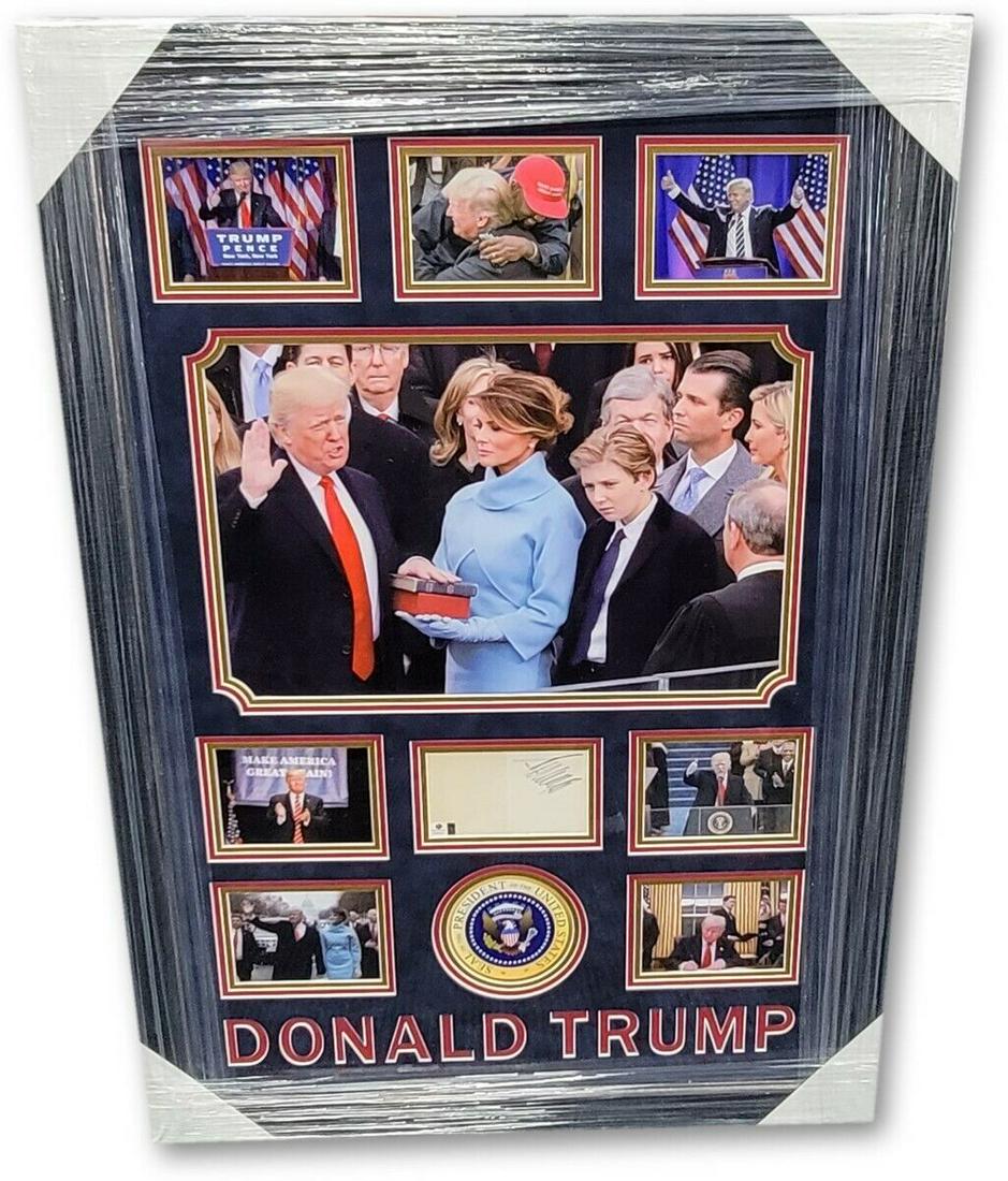 Donald Trump Signed Autographed Framed Photo Cut Collage Inauguration JSA: Donald Trump Signed Autographed Framed Photo Cut Collage Inauguration JSA Object Type: Photograph Industry: Television Original/Reproduction: Original Autograph Authentication: James Spence (JSA) Play
