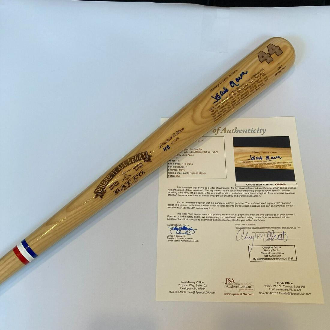 Beautiful Hank Aaron Signed Career Stats Commemorative Baseball Bat JSA COA: Beautiful Hank Aaron Signed Career Stats Commemorative Baseball Bat JSA COA Sport: Baseball-MLB Original/Reprint: Original Autograph Authentication: James Spence Authentication (JSA) Product: Bat Pre-