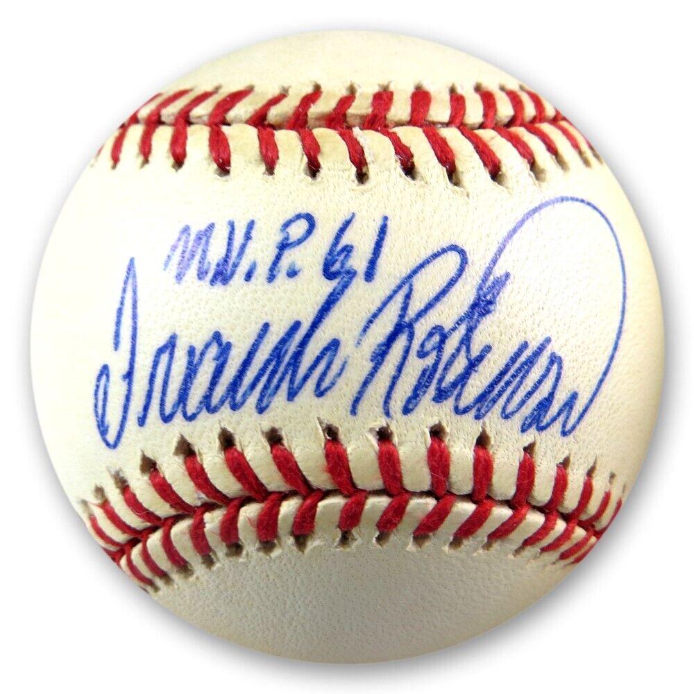 Frank Robinson Signed Autographed NL Baseball Reds Orioles "MVP 61" JSA: Frank Robinson Signed Autographed NL Baseball Reds Orioles "MVP 61" JSA Sport: Baseball Product: Ball Original/Reprint: Original Player: Frank Robinson Autograph Authentication: James Spence (JSA) Tea