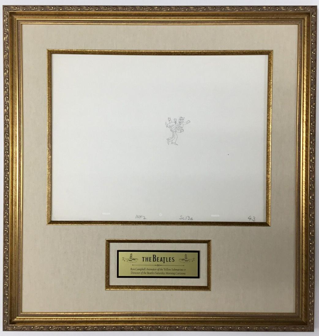 Original 1968 Beatles Yellow Submarine Production Drawing 43 Custom Framed: Original 1968 Beatles Yellow Submarine Production Drawing 43 Custom Framed Animation Studio: King Features Signed By: Ron Campbell Character: Drawing 43 Tradition: Western Animation Title: Yellow Subm