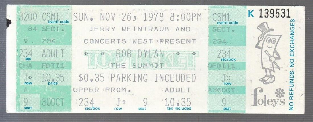 Bob Dylan 1978 Concert Full Ticket 11/26 World Tour Houston Summit 87031: Bob Dylan 1978 Concert Full Ticket 11/26 World Tour Houston Summit 87031 Original/Reproduction: Original Country/Region of Manufacture: United States Artist/Band: Bob Dylan Industry: Music Sport: Musi