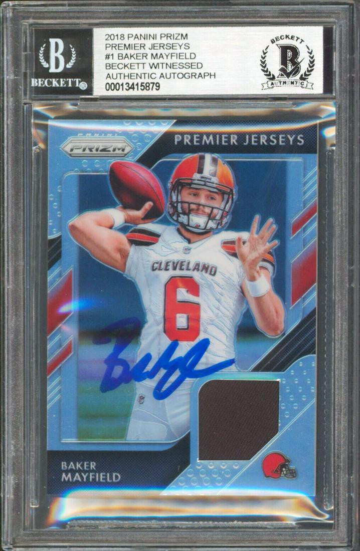 Browns Baker Mayfield Signed 2018 Panini Prizm Jerseys #1 RC Card BAS Slabbed 2: Browns Baker Mayfield Signed 2018 Panini Prizm Jerseys #1 RC Card BAS Slabbed 2 Graded: No Sport: Football-NFL League: NFL Team: Cleveland Browns Certification Number: 13415879 Product Coa: Beckett Pr