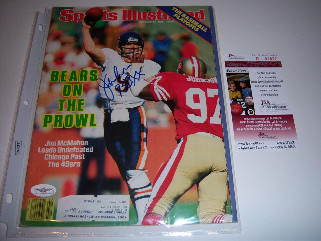 JIM MCMAHON CHICAGO BEARS JSA/COA SIGNED SPORTS ILLUSTRATED: JIM MCMAHON CHICAGO BEARS JSA/COA SIGNED SPORTS ILLUSTRATED Sport: Football-NFL Product: Magazine Original/Reprint: Original Pre-Owned PLEASE NOTE: Framed Large or heavy Items do not have shipping cos