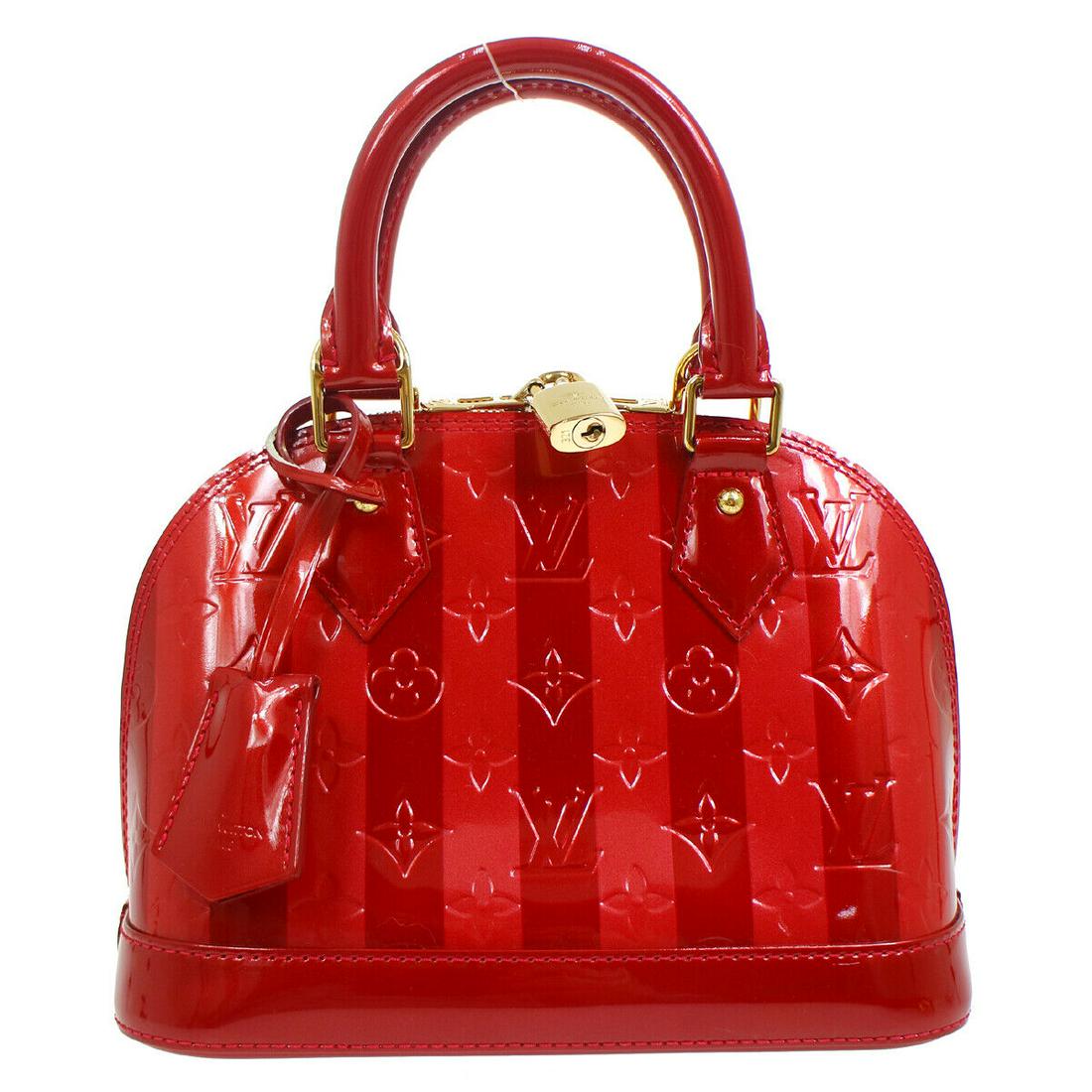 LOUIS VUITTON ALMA BB 2WAY HAND BAG VERNIS RAYURES POMME DAMOUR M91593: LOUIS VUITTON ALMA BB 2WAY HAND BAG VERNIS RAYURES POMME DAMOUR M91593 Size: Small Accents: Logo Style: Hand Bag Bag Height: 6.9 Exterior Color: Pomme d"amour Product Line: Louis Vuitton Vernis Patter