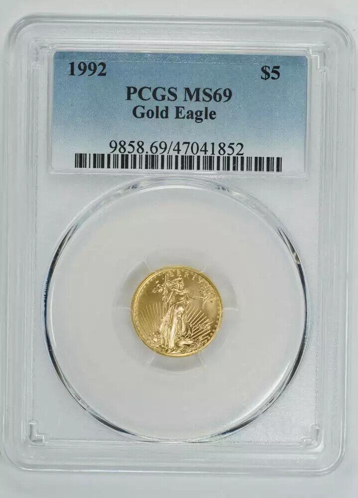 1992 AMERICAN GOLD EAGLE $5 PCGS MS 69 MINT STATE UNC 1/10 OZ 999 FINE GOLD (852: 1992 AMERICAN GOLD EAGLE $5 PCGS MS 69 MINT STATE UNC 1/10 OZ 999 FINE GOLD (852 Certification: PCGS Composition: Gold Grade: MS-69 Year: 1992 Circulated/Uncirculated: Uncirculated Strike Type: MS Min