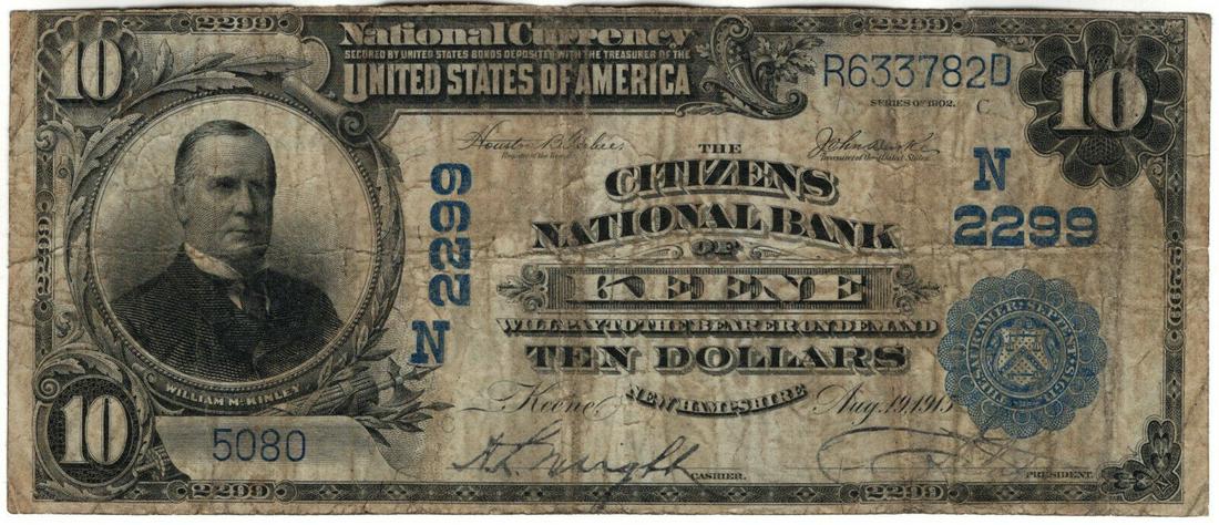 1902 $10 CITIZENS NATIONAL BANKNOTE CURRENCY KEENE NEW HAMPSHIRE STAINED VF: 1902 $10 CITIZENS NATIONAL BANKNOTE CURRENCY KEENE NEW HAMPSHIRE STAINED VF Certification: Uncertified Grade: Ungraded Type: Banknotes Year: 1902 Circulated/Uncirculated: Circulated Denomination: $10