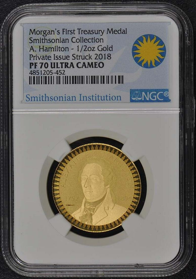 2018 Smithsonian A. Hamilton Gold 1/2oz Treasury Medal NGC PF70UC: 2018 Smithsonian A. Hamilton Gold 1/2oz Treasury Medal NGC PF70UC Strike Type: Proof Certification: NGC Grade: PR70 Certification Number: 4851205452 Year: 2018 Pre-Owned The MYNT Guarantee: All items 