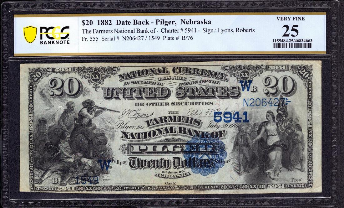 1882 Db 20 Farmers National Bank Note Currency Pilger Nebraska Pcgs B
