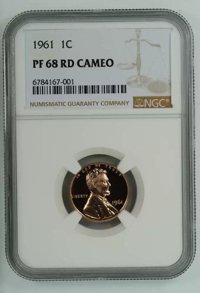 1961 PROOF LINCOLN MEMORIAL CENT PENNY 1C NGC CERTIFIED PF 68 RED CAMEO (001): 1961 PROOF LINCOLN MEMORIAL CENT PENNY 1C NGC CERTIFIED PF 68 RED CAMEO (001) Certification: NGC Composition: Copper Grade: PF 68 Year: 1961 Circulated/Uncirculated: Uncirculated Strike Type: Proof Mi