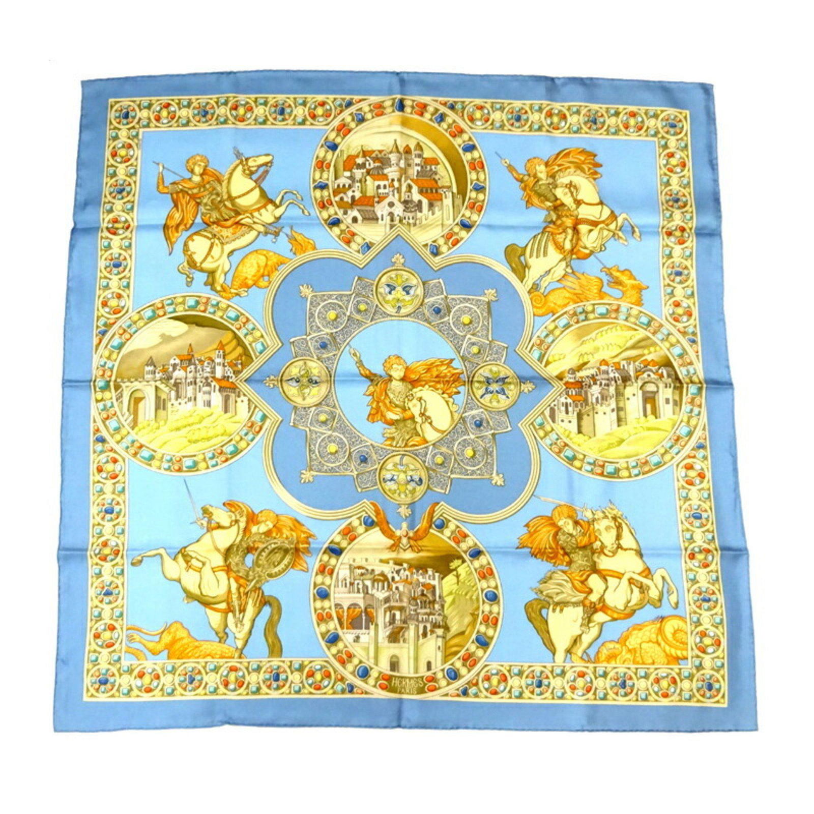 Hermes Carre 90 LE TRIOMPHE DU PALADIN The Justice Knight Victory Women's Scarf 100% Silk Multi: Hermes Carre 90 LE TRIOMPHE DU PALADIN The Justice Knight Victory Women's Scarf 100% Silk Multi Brand: Hermes Type: Scarf Gender: Women Color: Blue Multi-color Material: Silk100% Silk: 100% Size (LxW)