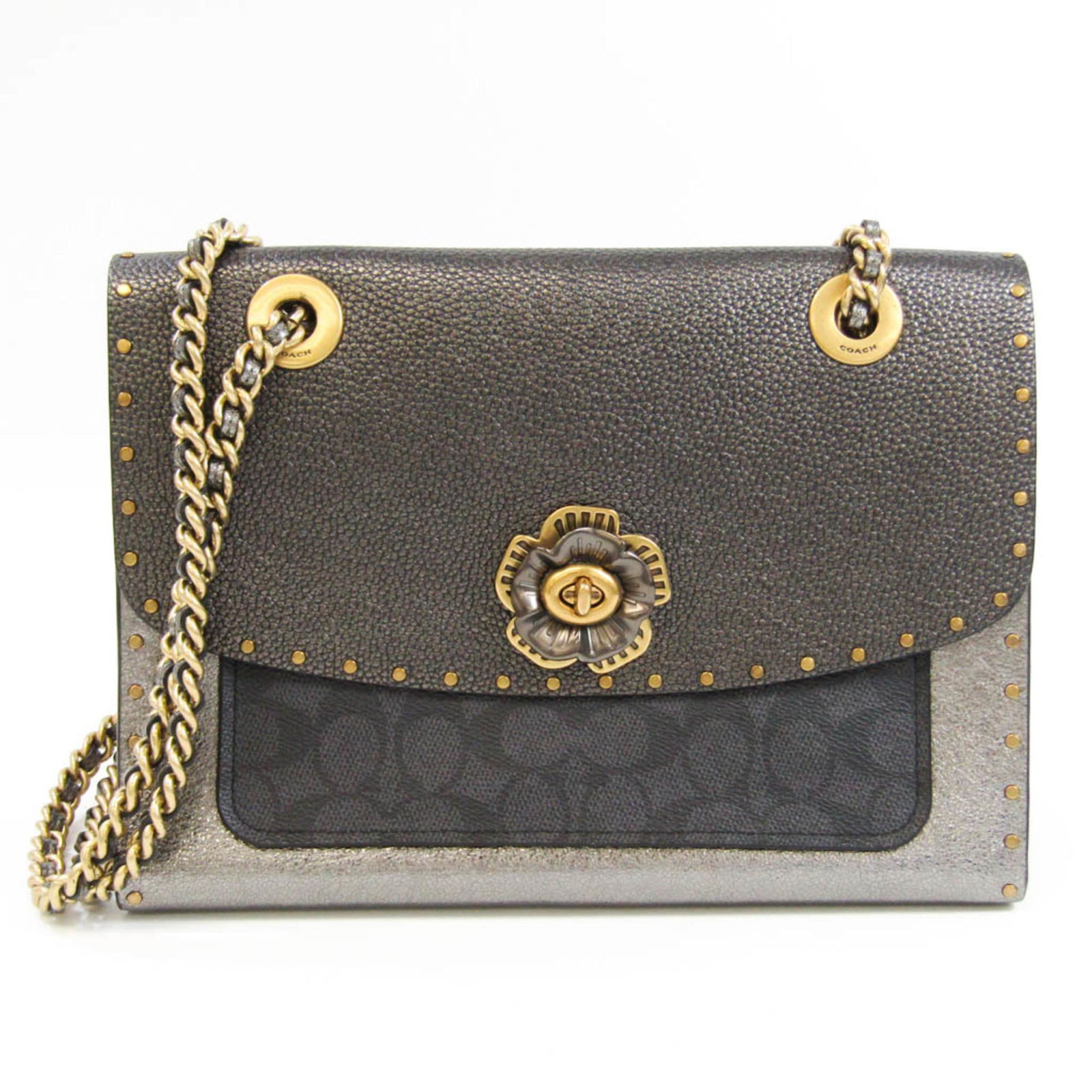 Coach Parker Signature Canvas With Rivets And Snakeskin 39679 Women's Leather Signature Line Handbag: Coach Parker Signature Canvas With Rivets And Snakeskin 39679 Women's Leather Signature Line Handbag Shoulder Bag Black Bronze Brand: Coach Model: Parker signature canvas with rivets and snakeskin 396