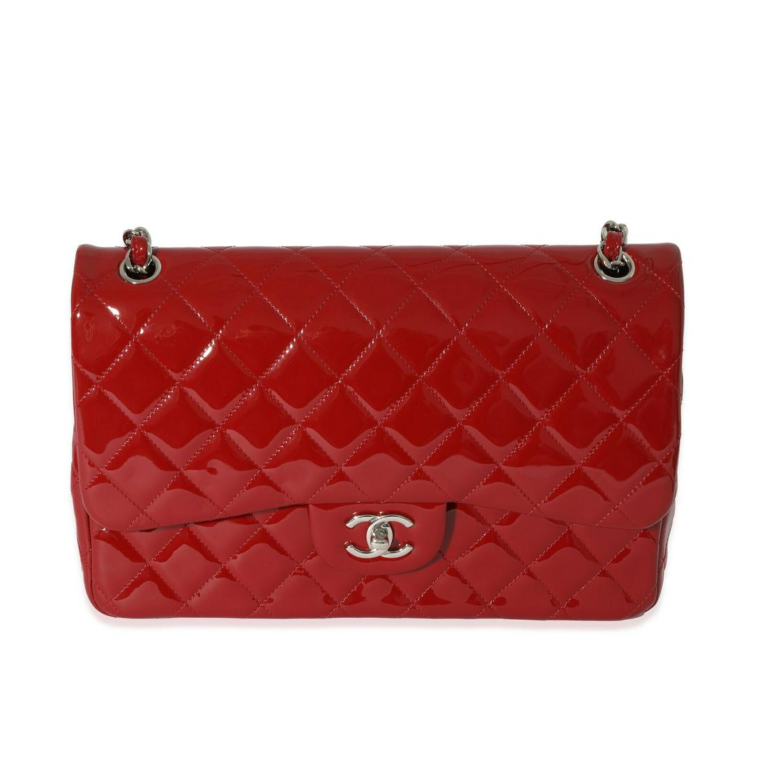 Chanel Red Quilted Patent Leather Jumbo Double Flap Bag: Chanel Red Quilted Patent Leather Jumbo Double Flap Bag Gender: Unisex Dimensions: 11.5 x 8 x 3.75 Bag Width: 11.5 in Bag Depth: 3.75 in Bag Height: 8 in Handbag Accessories: Dustbag;Authenticity Card