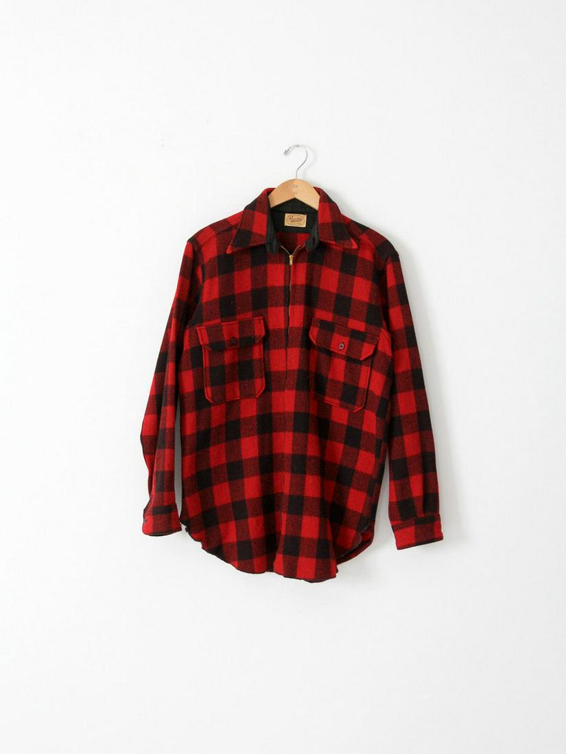 Vintage 1930S Red Plaid Shirt Jacket By Racine Sportswear: Vintage 1930S Red Plaid Shirt Jacket By Racine Sportswear This is a 1930s vintage Racine Sportswear plaid jacket. The red and black wool shirt coat features double button pockets on the chest button c