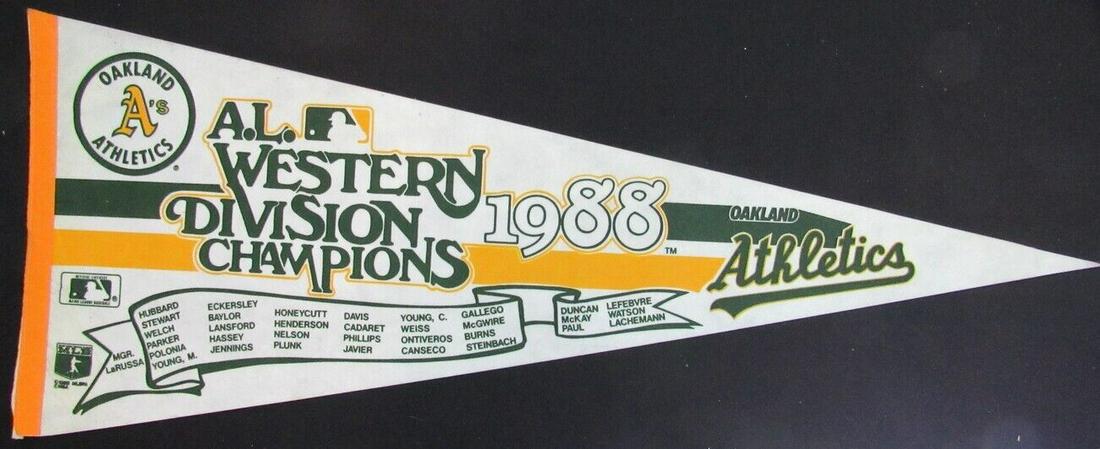 1988 Oakland As AL Western Division Champions Felt 12"X30" Pennant 157974: 1988 Oakland As AL Western Division Champions Felt 12"X30" Pennant 157974 Product: Pennant Team: Oakland A"s Sport: Baseball-MLB League: MLB Pre-Owned PLEASE NOTE: Framed Large or heavy Items do not h