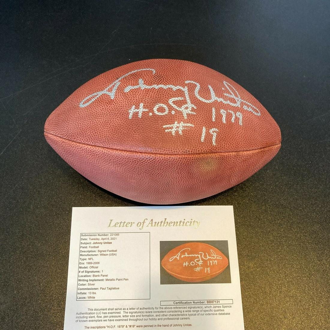 Beautiful Johnny Unitas "HOF 1979 #19" Signed NFL Game Football With JSA COA: Beautiful Johnny Unitas "HOF 1979 #19" Signed NFL Game Football With JSA COA Product: Ball Sport: Football-NFL Autograph Authentication: James Spence Authentication (JSA) Team: Baltimore Colts Player: