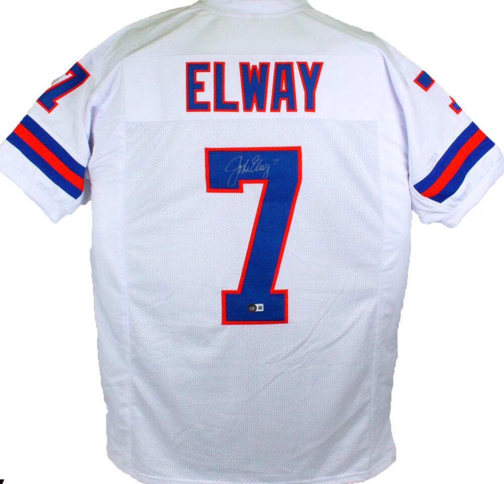 John Elway Autographed White Pro Style TB Jersey- Beckett W Holo *Silver: John Elway Autographed White Pro Style TB Jersey- Beckett W Holo *Silver Sport: Football Product: Jersey Original/Reprint: Original Player: John Elway Team: Denver Broncos Autograph Authentication: Be