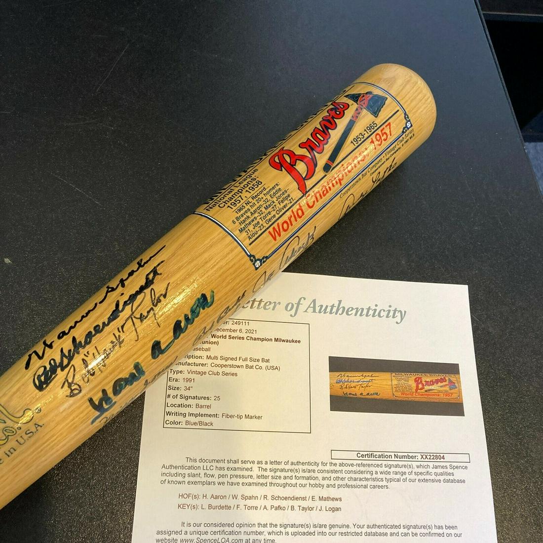 1957 Milwaukee Braves World Series Champs Team Signed Bat Hank Aaron JSA COA: 1957 Milwaukee Braves World Series Champs Team Signed Bat Hank Aaron JSA COA Product: Bat Sport: Baseball-MLB Autograph Authentication: James Spence Authentication (JSA) Team: Milwaukee Braves Player: