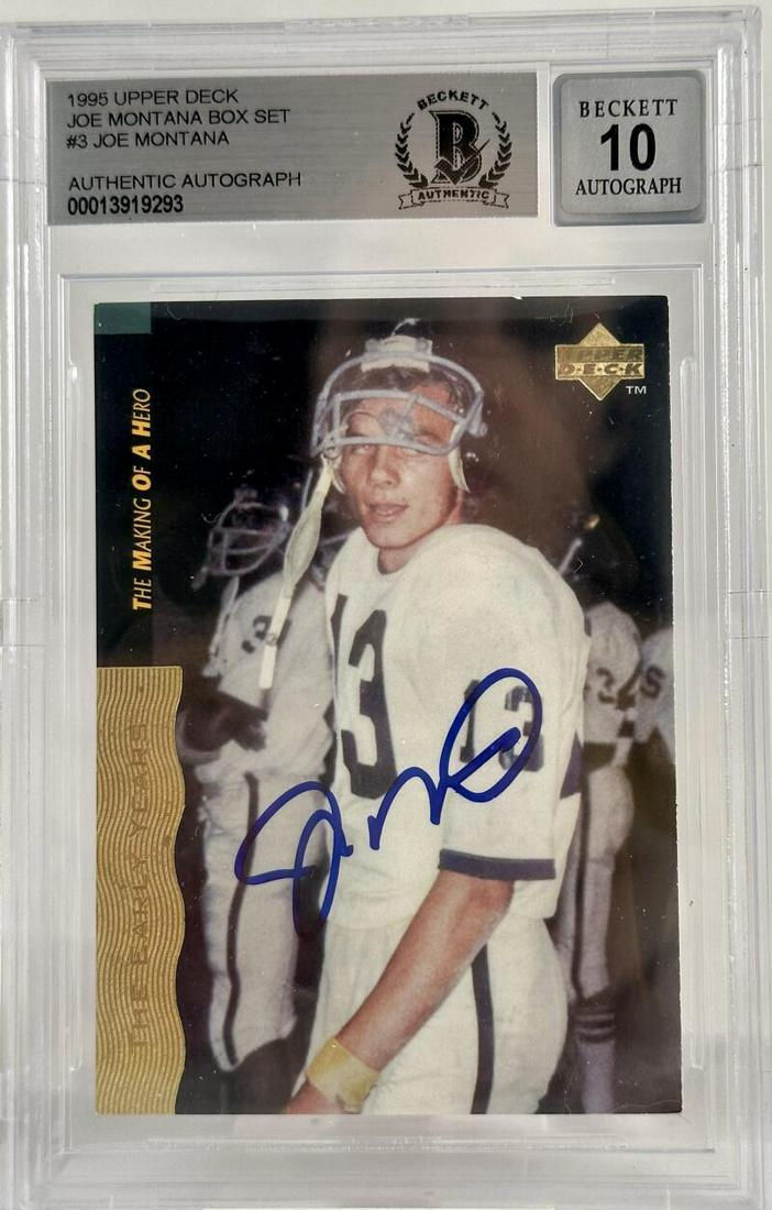 1995 Upper Deck Box Set #3 Joe Montana Auto Notre Dame BAS Autograph 10: 1995 Upper Deck Box Set #3 Joe Montana Auto Notre Dame BAS Autograph 10 Graded: No Sport: Football Player/Athlete: Joe Montana Manufacturer: Upper Deck Box Set Season: 1995 Features: Autograph Set: 19