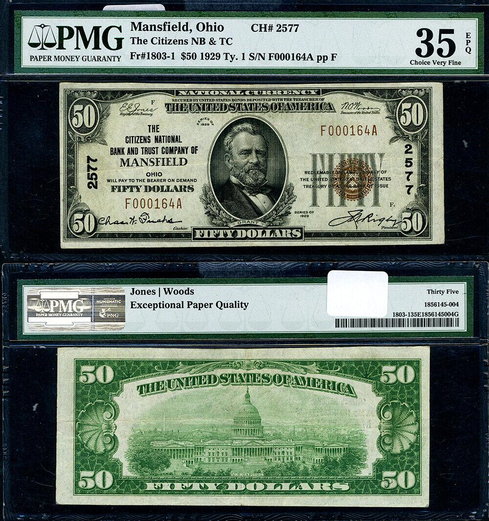 Mansfield OH-Ohio $50 1929 T-1 National Bank Note Ch #2577 Citizens NB & TC Choi: Mansfield OH-Ohio $50 1929 T-1 National Bank Note Ch #2577 Citizens NB & TC Choi Grade: VF35 EPQ Choice Certification: PMG Circulated/Uncirculated: Circulated Certification Number: 1856145-004 Denomin