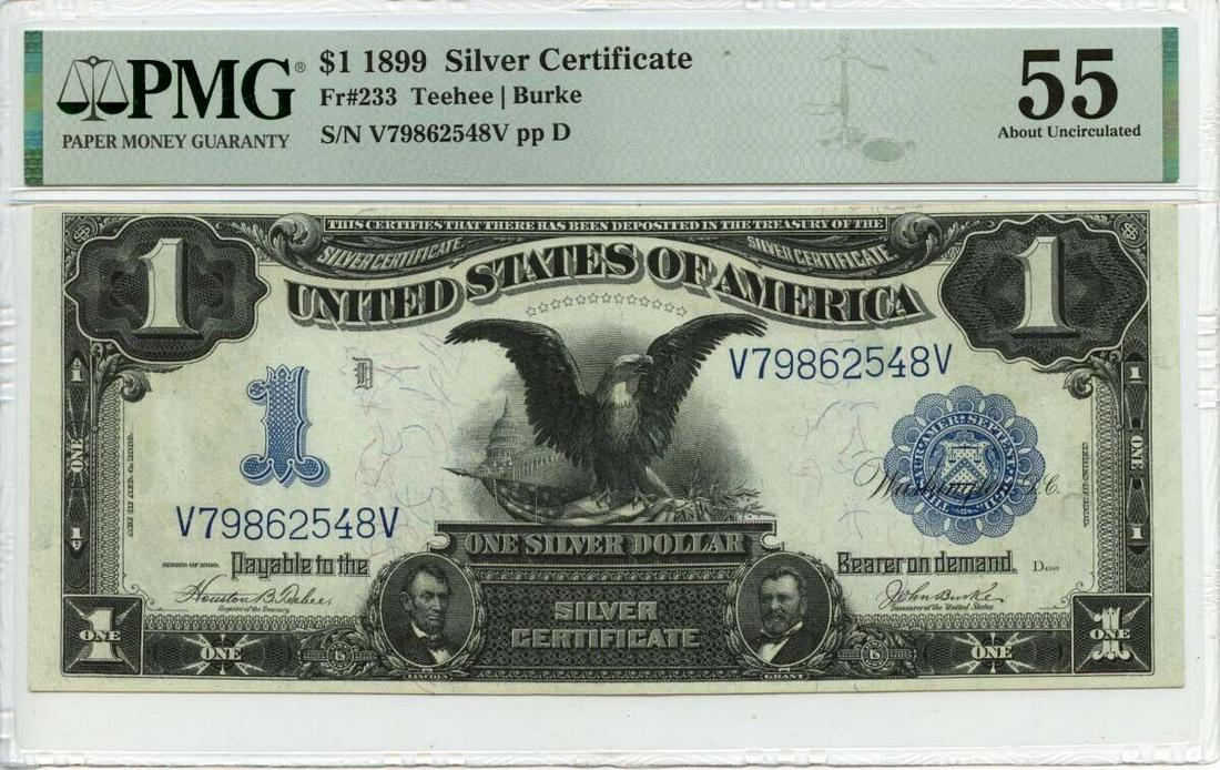 1899 $1 Silver Certificate Blue Teehee Burke Fr# 233 PMG AU55: 1899 $1 Silver Certificate Blue Teehee Burke Fr# 233 PMG AU55 Circulated/Uncirculated: Circulated Denomination: Silver Certificate Year: 1899 Grade: AU55 Certification: PMG Certification Number: 21968