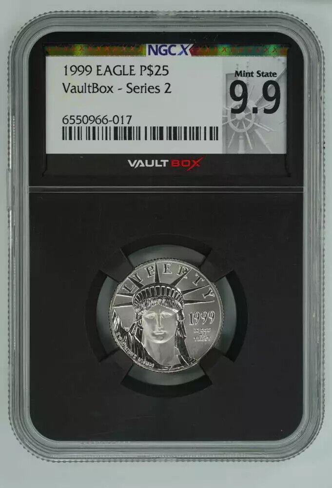 1999 AMERICAN PLATINUM EAGLE $25 1/4 OZ NGCX 9.9 MINT STATE VAULTBOX SERIES 2 (0: 1999 AMERICAN PLATINUM EAGLE $25 1/4 OZ NGCX 9.9 MINT STATE VAULTBOX SERIES 2 (0 Certification: NGCX Composition: Platinum Grade: 9.9 Year: 1999 Circulated/Uncirculated: Unknown Mint Location: PHILADE
