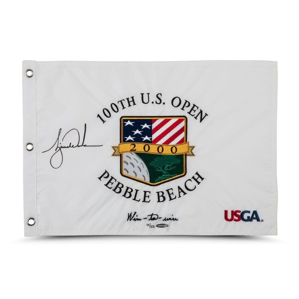 Tiger Woods Signed Autographed 2000 U.S. Open Pin Flag Wire-to-Wire #/500: Tiger Woods Signed Autographed 2000 U.S. Open Pin Flag Wire-to-Wire #/500 Sport: Golf-PGA Product: Flag Original/Reprint: Original Player: Tiger Woods Autograph Authentication: Upper Deck Pre-Owned PL