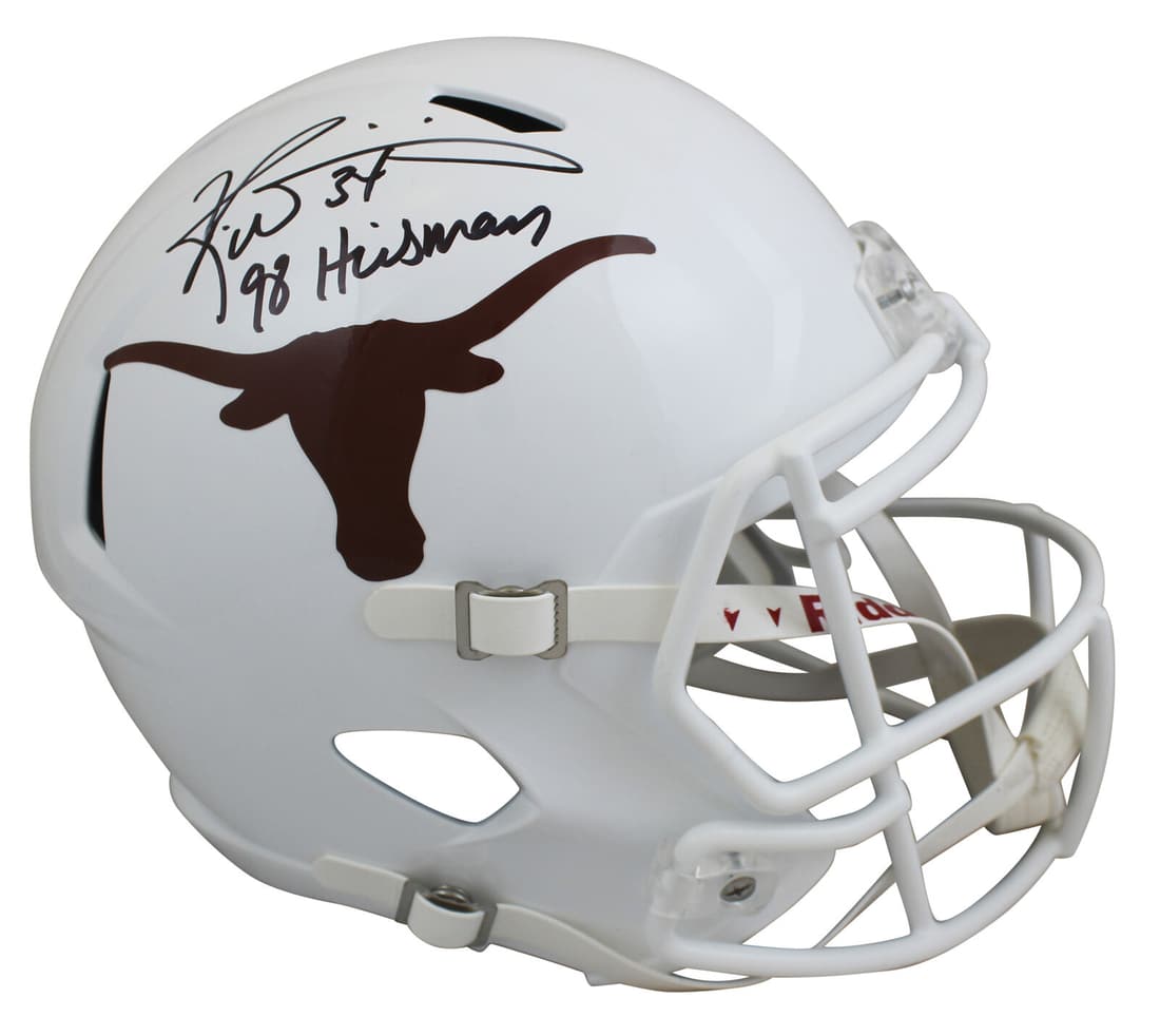Texas Ricky Williams "98 Heisman" Signed Schutt Full Size Rep Helmet BAS Wit: Texas Ricky Williams "98 Heisman" Signed Schutt Full Size Rep Helmet BAS Wit Sport: Football Product: Helmet Original/Reprint: Original Team: Texas Longhorns Player: Ricky Williams Autograph Authentic