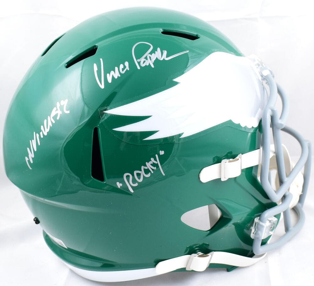 Vince Papale Signed F/S Eagles 74-95 Speed Helmet w/Rocky Invincible-Beckett W: Vince Papale Signed F/S Eagles 74-95 Speed Helmet w/Rocky Invincible-Beckett W Sport: Football-NFL Product: Helmet Original/Reprint: Original Player: Vince Papale Team: Philadelphia Eagles Autograph A