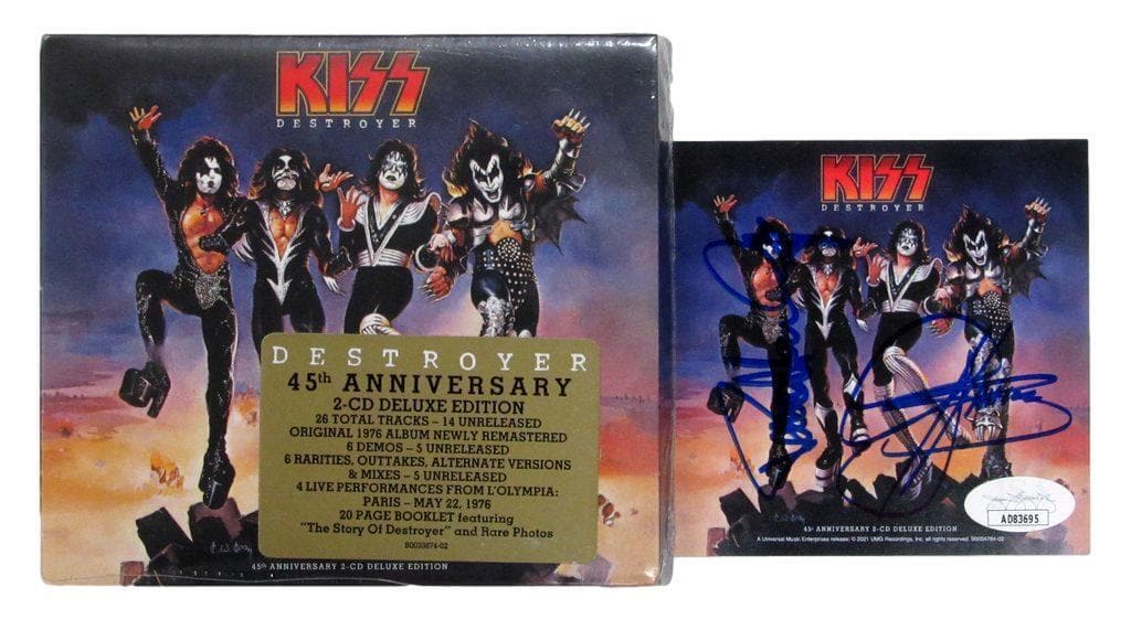 Gene Simmons/Paul Stanley Dual-Autographed "Kiss" Destroyer CD Cover JSA: Gene Simmons/Paul Stanley Dual-Autographed "Kiss" Destroyer CD Cover JSA Industry: Movies Original/Reproduction: Original Autograph Authentication: JSA Pre-Owned PLEASE NOTE: Framed Large or heavy Ite