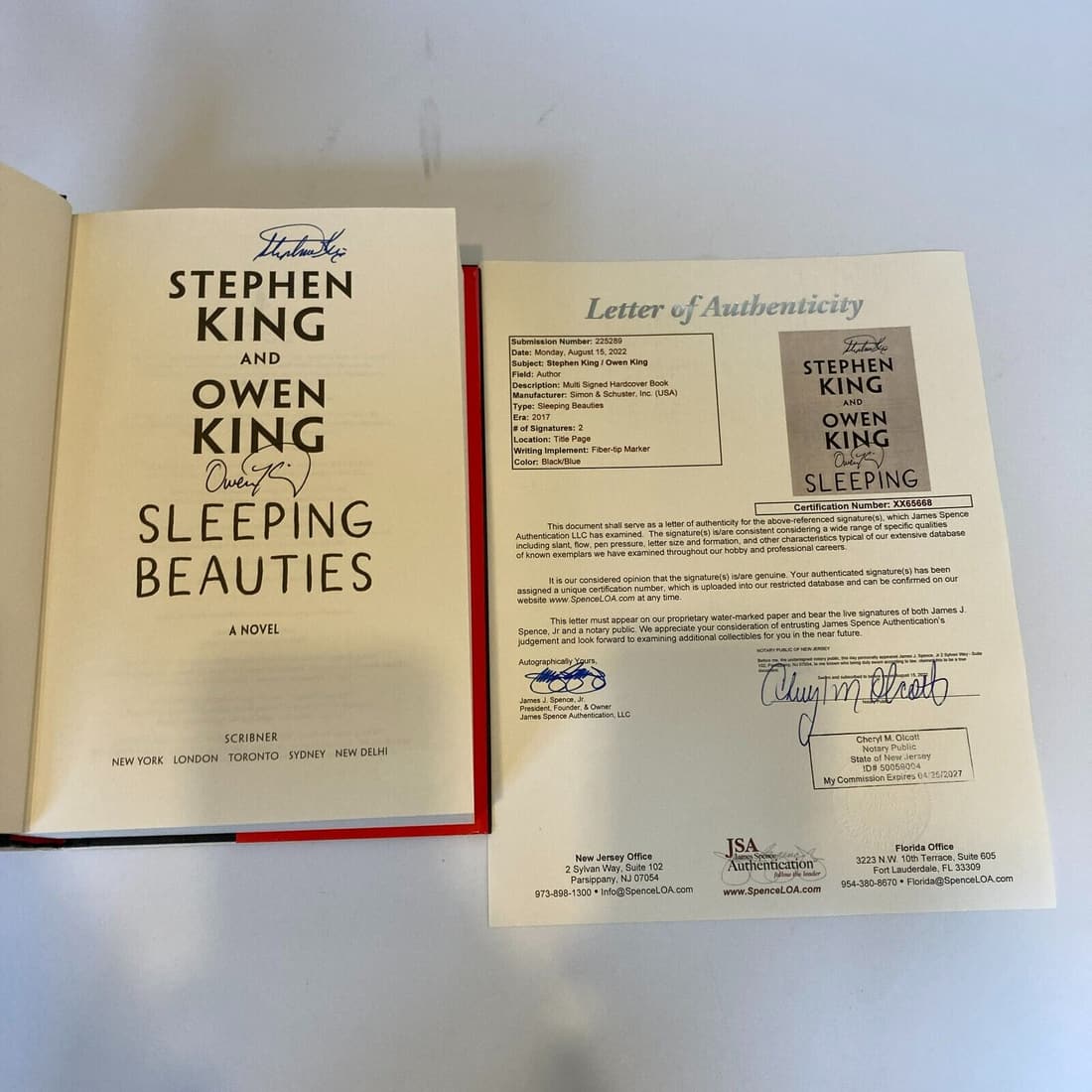 Stephen King & Owen King Signed Sleeping Beauties Book JSA COA: Stephen King & Owen King Signed Sleeping Beauties Book JSA COA Autograph Authentication: James Spence (JSA) Signed: Yes Pre-Owned PLEASE NOTE: Framed Large or heavy Items do not have shipping costs in