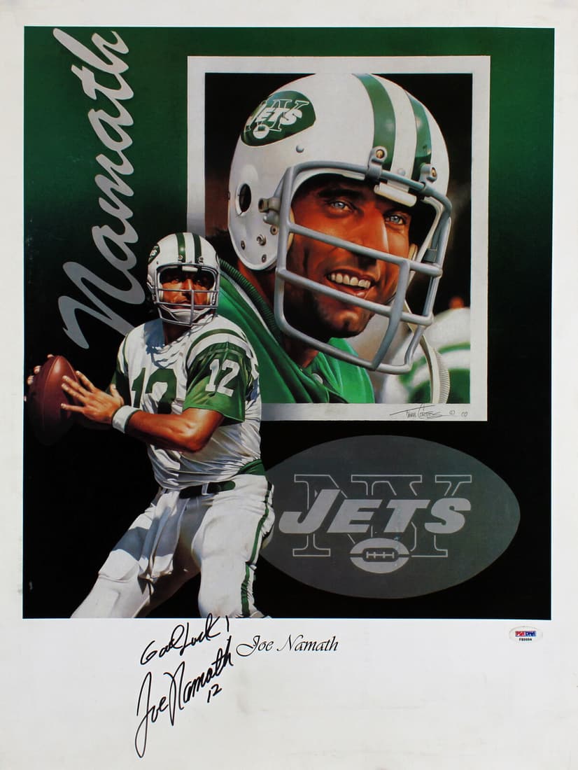 Jets Joe Namath Good Luck Signed 18x24 Poster Autographed PSA #F80004: Jets Joe Namath Good Luck Signed 18x24 Poster Autographed PSA #F80004 Sport: Football-NFL Product: Lithograph Poster & Print Original/Reprint: Original Player: Joe Namath Team: New York Jets Autograph