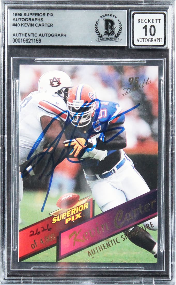Rams Kevin Carter Signed 1995 Superior Pix #40 #2626/4000 Card Auto 10 BAS Slab: Rams Kevin Carter Signed 1995 Superior Pix #40 #2626/4000 Card Auto 10 BAS Slab Graded: Yes Sport: Football League: NFL Team: St. Louis Rams Certification Number: 15621159 Product Coa: Beckett Product