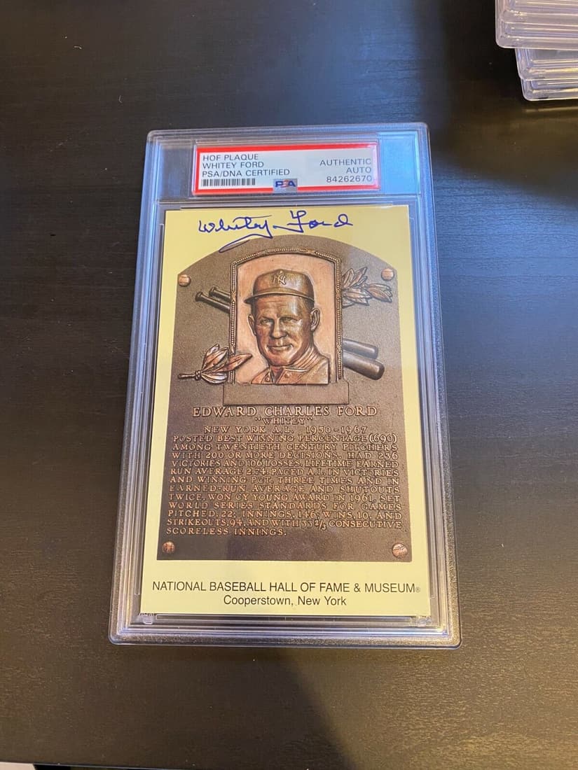 Whitey Ford Signed Autographed Baseball Hall Of Fame Plaque Postcard PSA DNA: Whitey Ford Signed Autographed Baseball Hall Of Fame Plaque Postcard PSA DNA Signed: Yes Sport: Baseball-MLB Player: Whitey Ford Autograph Authentication: Professional Sports (PSA/DNA) Original/Reprin