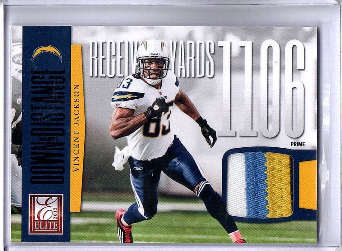 Vincent Jackson 2012 Elite Down and Distance 4 Color Patch Chargers #33: Vincent Jackson 2012 Elite Down and Distance 4 Color Patch Chargers #33 Graded: No Sport: Football League: NFL Professional Grader: Seller Team: New York Yankees Card Number: 33 Player: Vincent Jackso