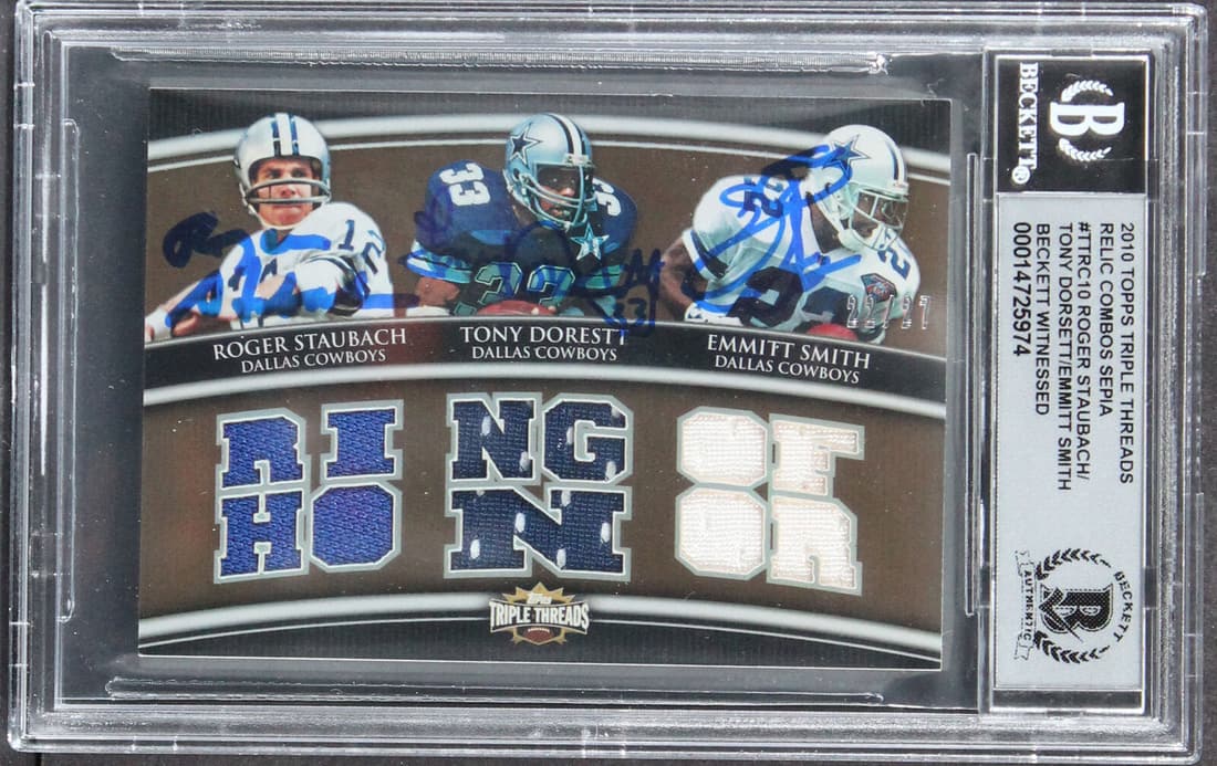 (3) Staubach Dorsett & Smith Signed 10 Topps TTS #TTRC10 Card Auto 10 BAS Slab: (3) Staubach Dorsett & Smith Signed 10 Topps TTS #TTRC10 Card Auto 10 BAS Slab Graded: Yes Sport: Football-NFL League: NFL Team: Dallas Cowboys Certification Number: 14725974 Product Coa: Beckett Prod