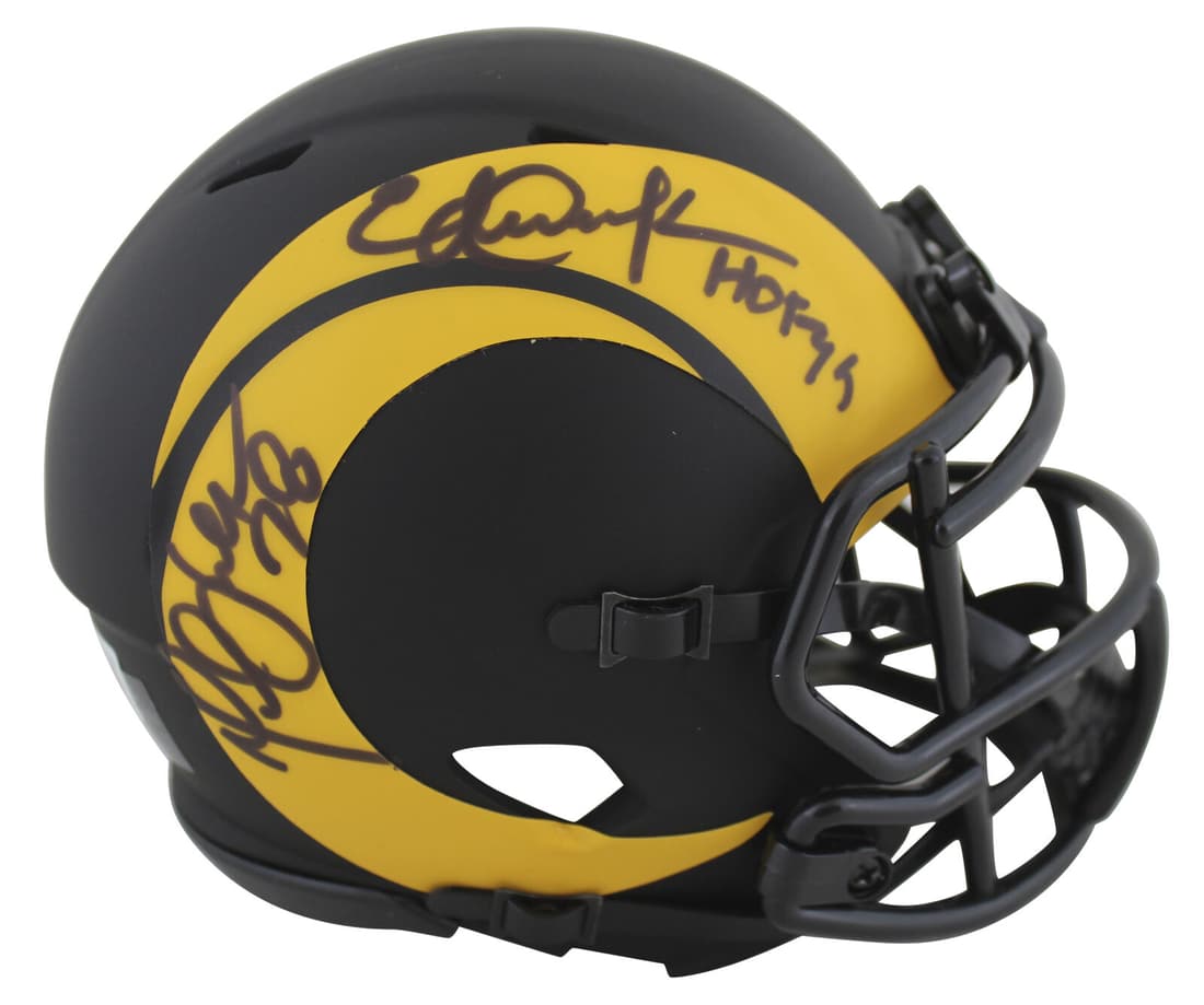 Rams Eric Dickerson & Marshall Faulk Signed Eclipse Speed Mini Helmet BAS Wit: Rams Eric Dickerson & Marshall Faulk Signed Eclipse Speed Mini Helmet BAS Wit Sport: Football Product: Helmet Original/Reprint: Original Player: Eric Dickerson & Marshall Faulk Team: Los Angeles Rams 