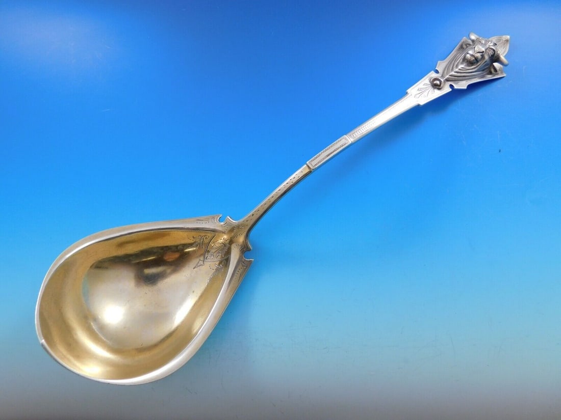 Bull by George Sharp Sterling Silver Soup Ladle Gold washed 12 1/2" Serving: Bull by George Sharp Sterling Silver Soup Ladle Gold washed 12 1/2" Serving Bull by george sharp sterling art silver soup ladle gold washed 12 1/2" in the pattern bull by george sharp. It is not monog