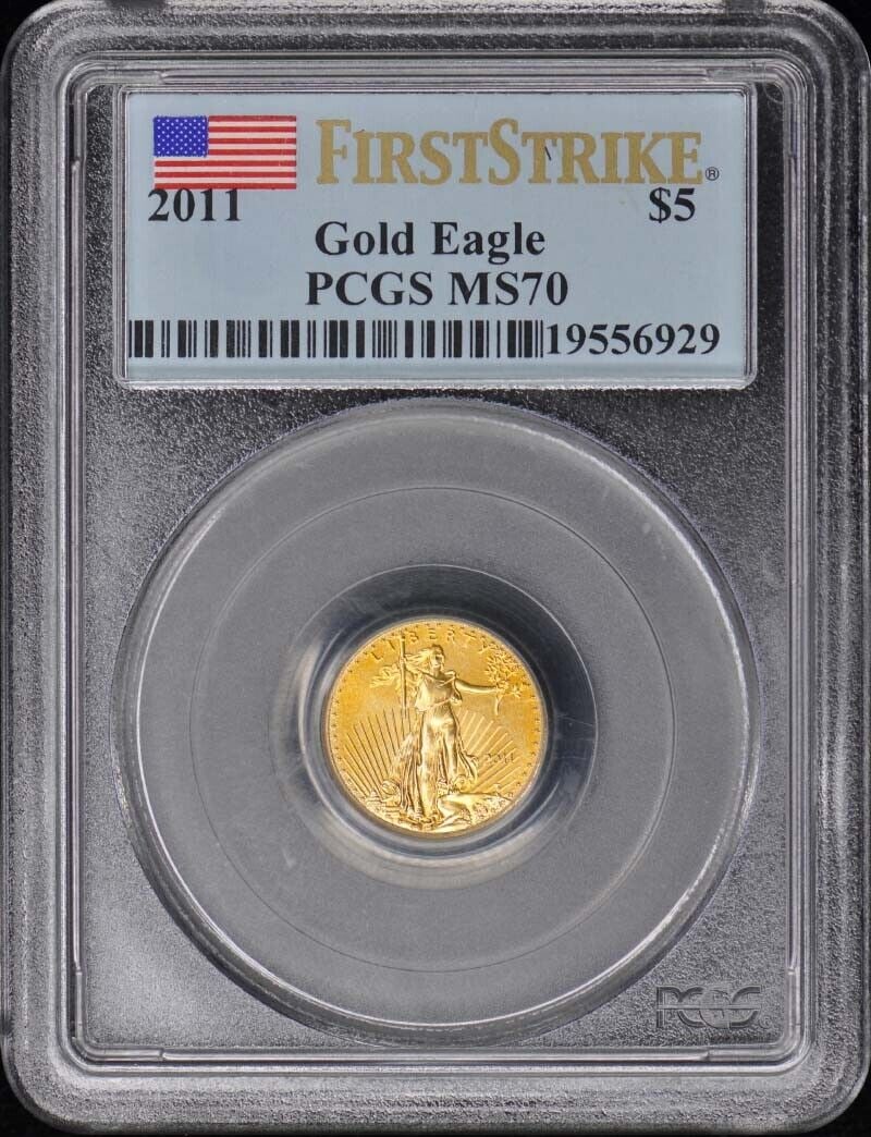 2011 $5 1/10 oz Gold Eagle First Strike PCGS MS70: 2011 $5 1/10 oz Gold Eagle First Strike PCGS MS70 Certification: PCGS Grade: MS70 Certification Number: 19556929 Year: 2011 Pre-Owned The MYNT Guarantee: All items in this auction are guaranteed to be