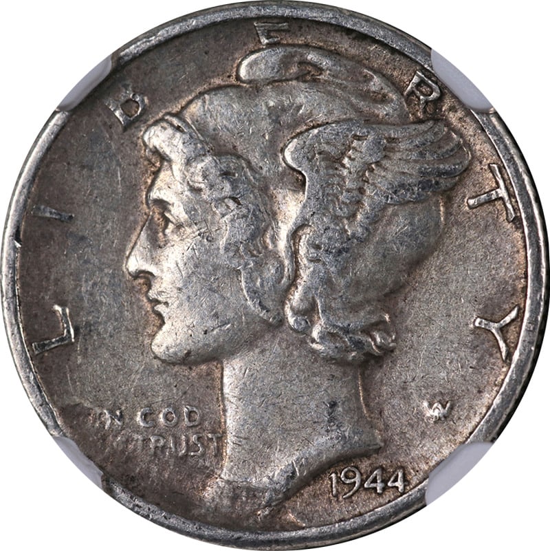 1944-D Mercury Dime Mint ERROR Obverse Struck Thru NGC XF45: 1944-D Mercury Dime Mint ERROR Obverse Struck Thru NGC XF45 Certification: NGC Circulated/Uncirculated: Circulated Mint Location: Denver Grade: XF45 Composition: Silver Certification Number: 6691598-0