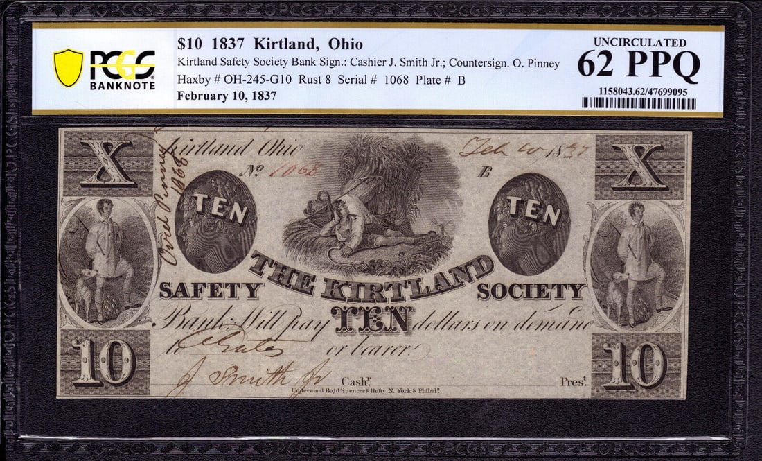 1837 $10 KIRTLAND SOCIETY OHIO OBSOLETE CHURCH LDS MORMON JOSEPH SMITH PCGS 62 Q: 1837 $10 KIRTLAND SOCIETY OHIO OBSOLETE CHURCH LDS MORMON JOSEPH SMITH PCGS 62 Q Denomination: $10 Type: Banknotes Certification Number: 47699095 Grade: 62 Grade Designation: EPQ/PPQ Certification: PC